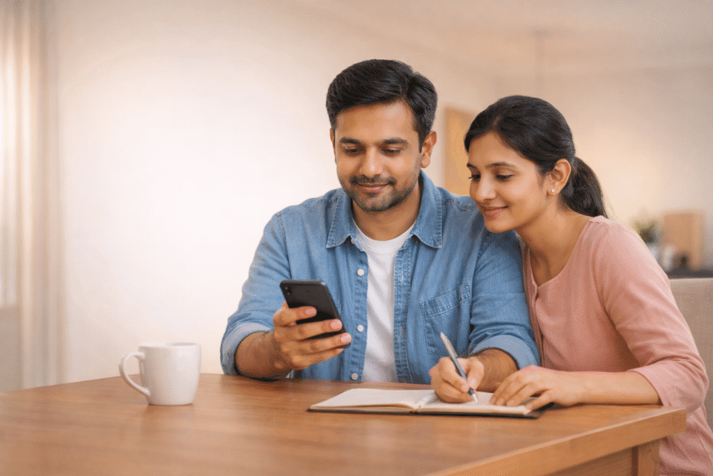 Indian couple planning monthly budget calmly at home