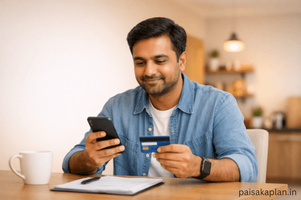 Indian man calmly checking credit card bill on mobile at home