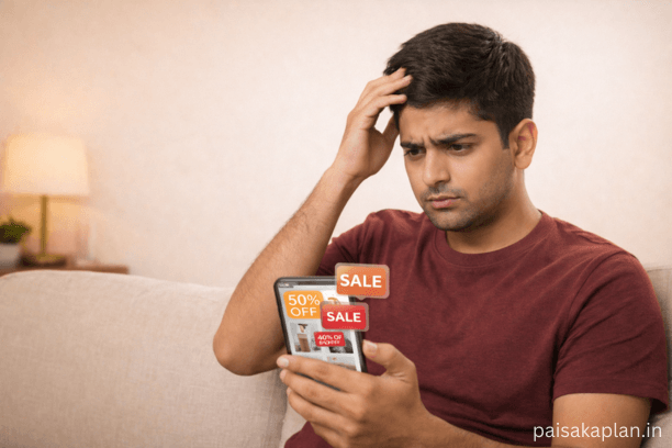Young Indian man tempted by online shopping offers on mobile