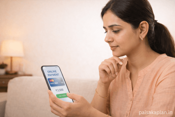 Indian woman pausing before making online payment on phone