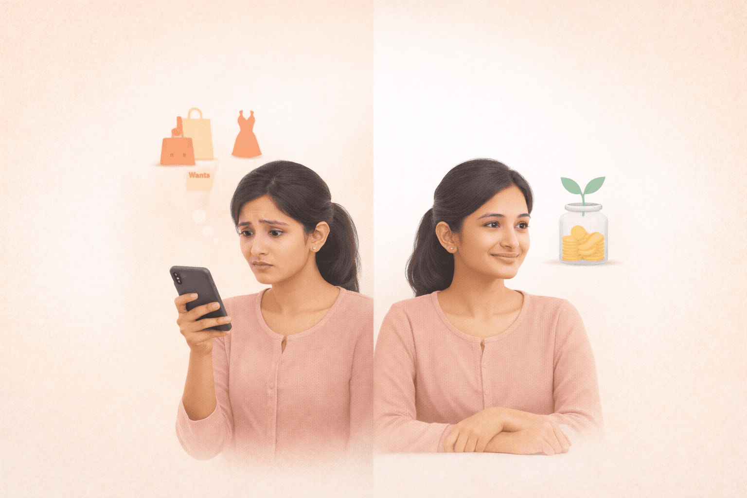 Indian woman choosing between wants and savings
