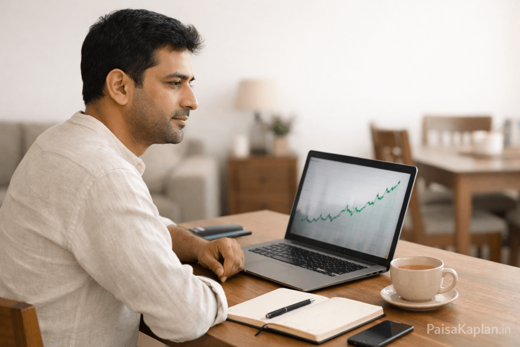 Indian investor reviewing best index funds on laptop