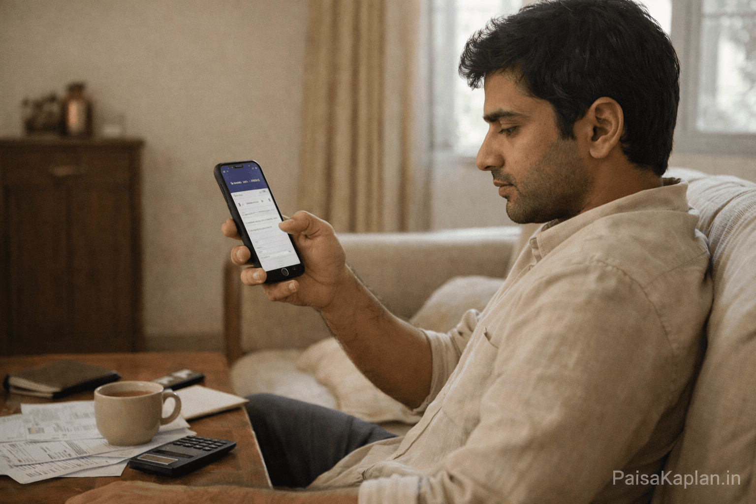 Indian salaried person checking savings balance on mobile banking app