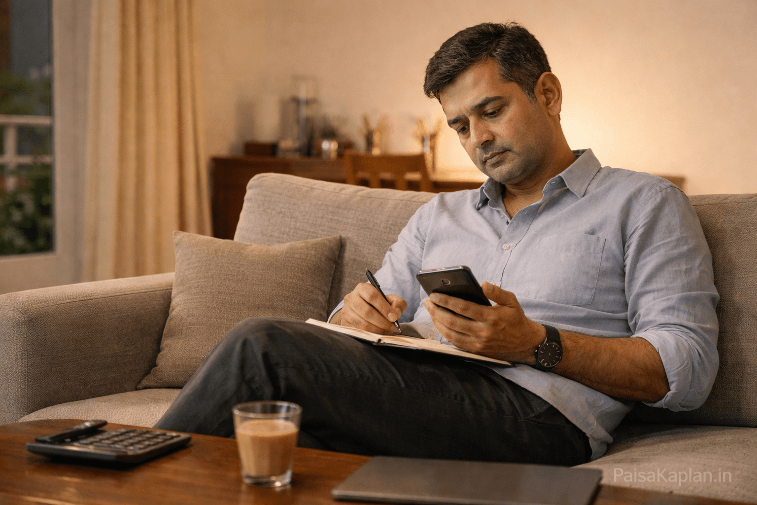 Busy Indian salaried person planning investments after work at home