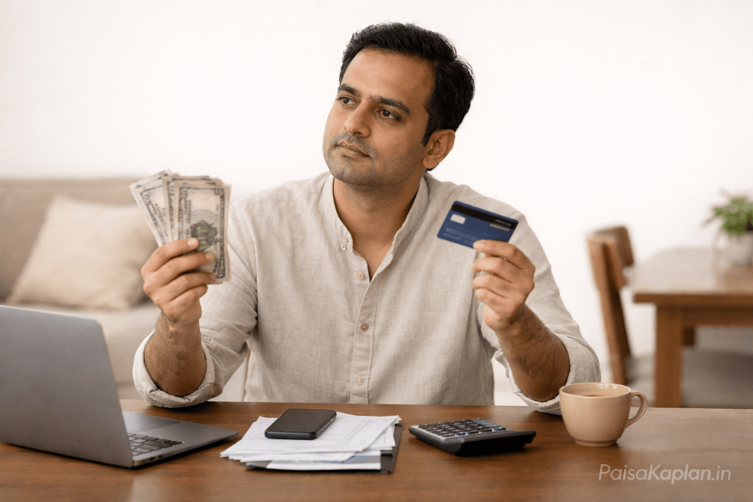 Indian man showing credit card as a financial tool, not cash, in Indian context