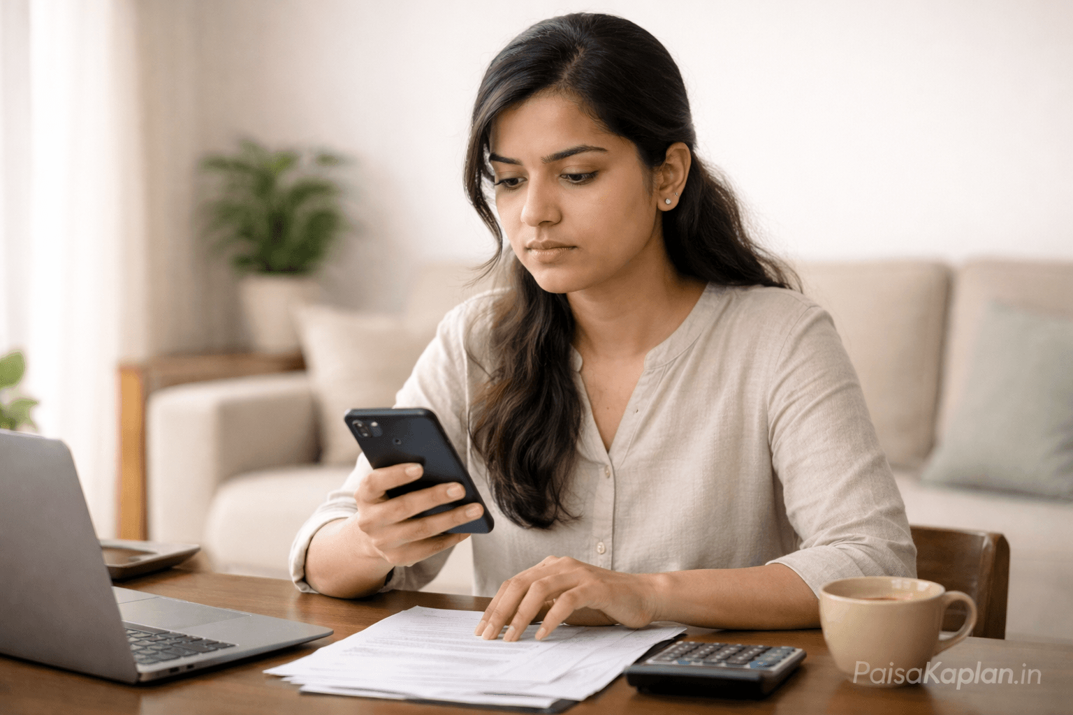 Indian woman comparing credit card full payment versus minimum due on smartphone