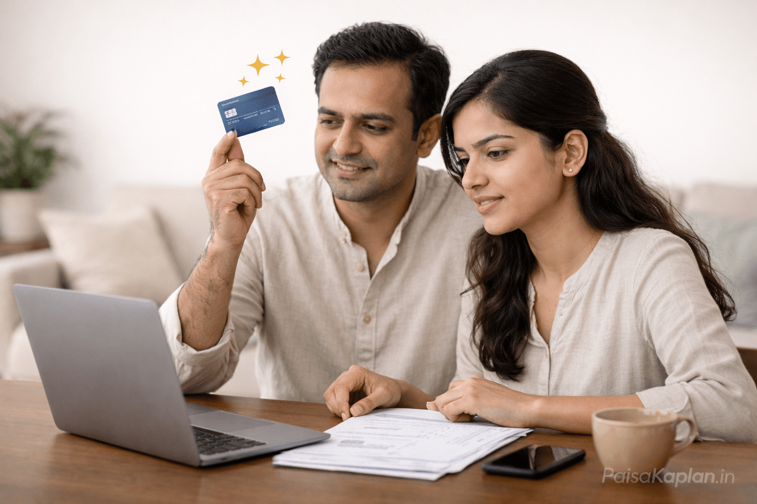Happy Indian couple using credit card responsibly with rewards and cashback benefits