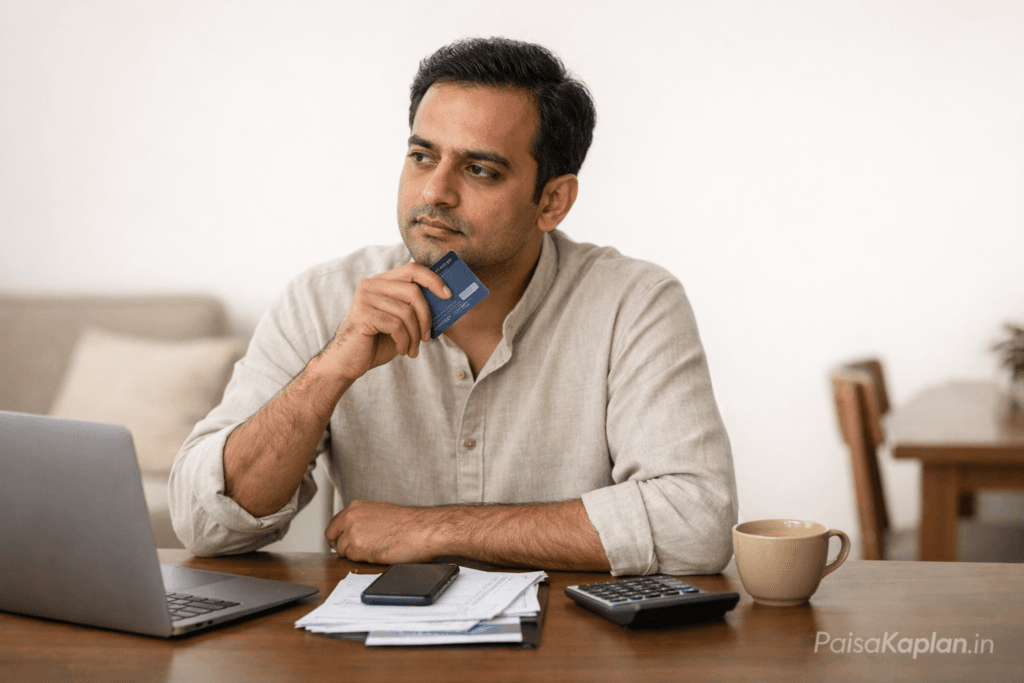 Indian salaried professional reviewing credit card bills and usage at home in 2025