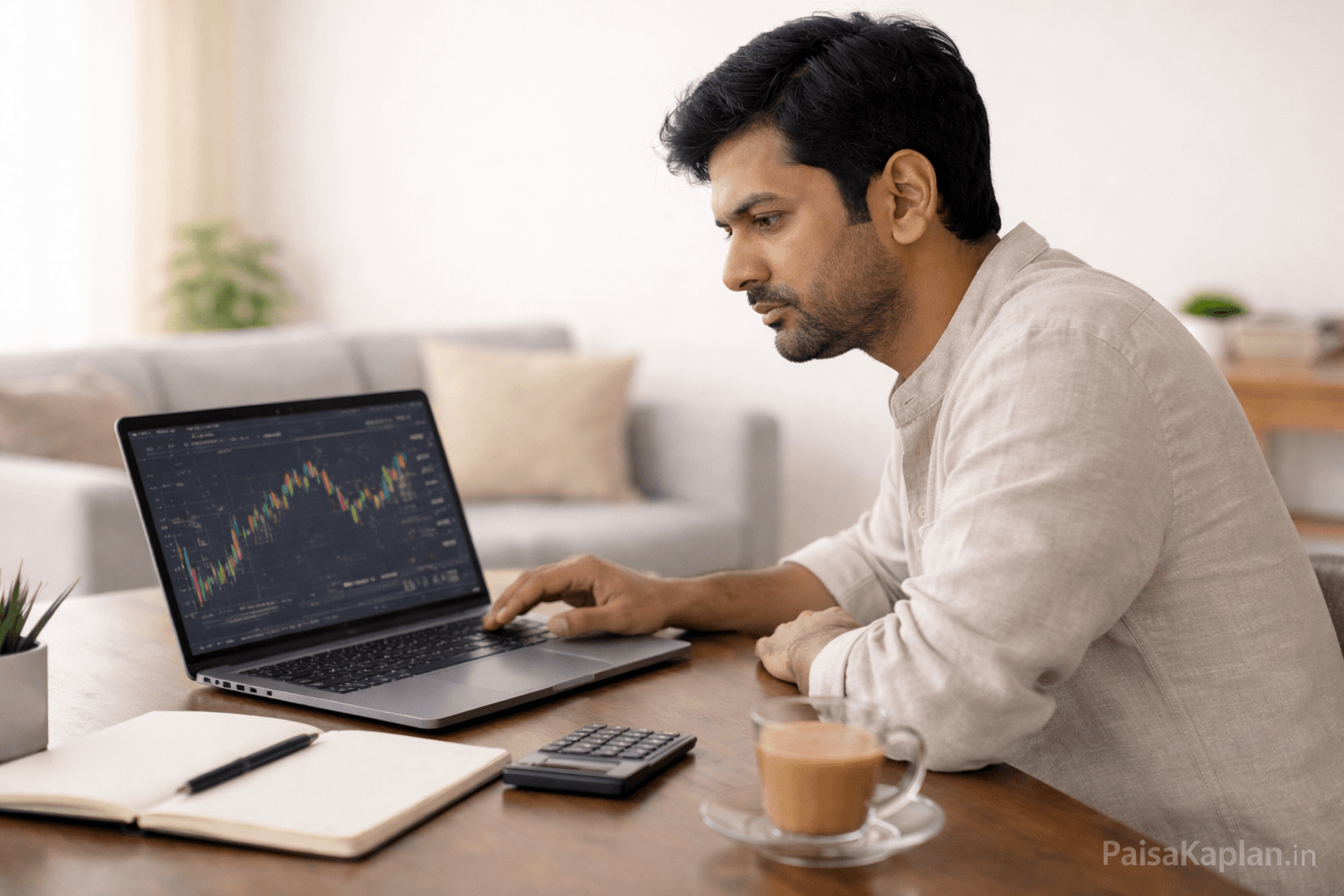 Indian individual analyzing stocks and market data at home