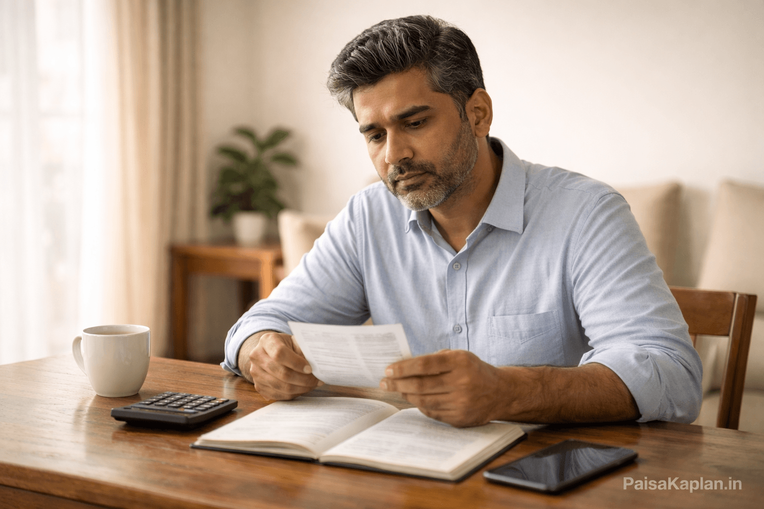 Indian investor reviewing fixed deposit documents and bank passbook at home