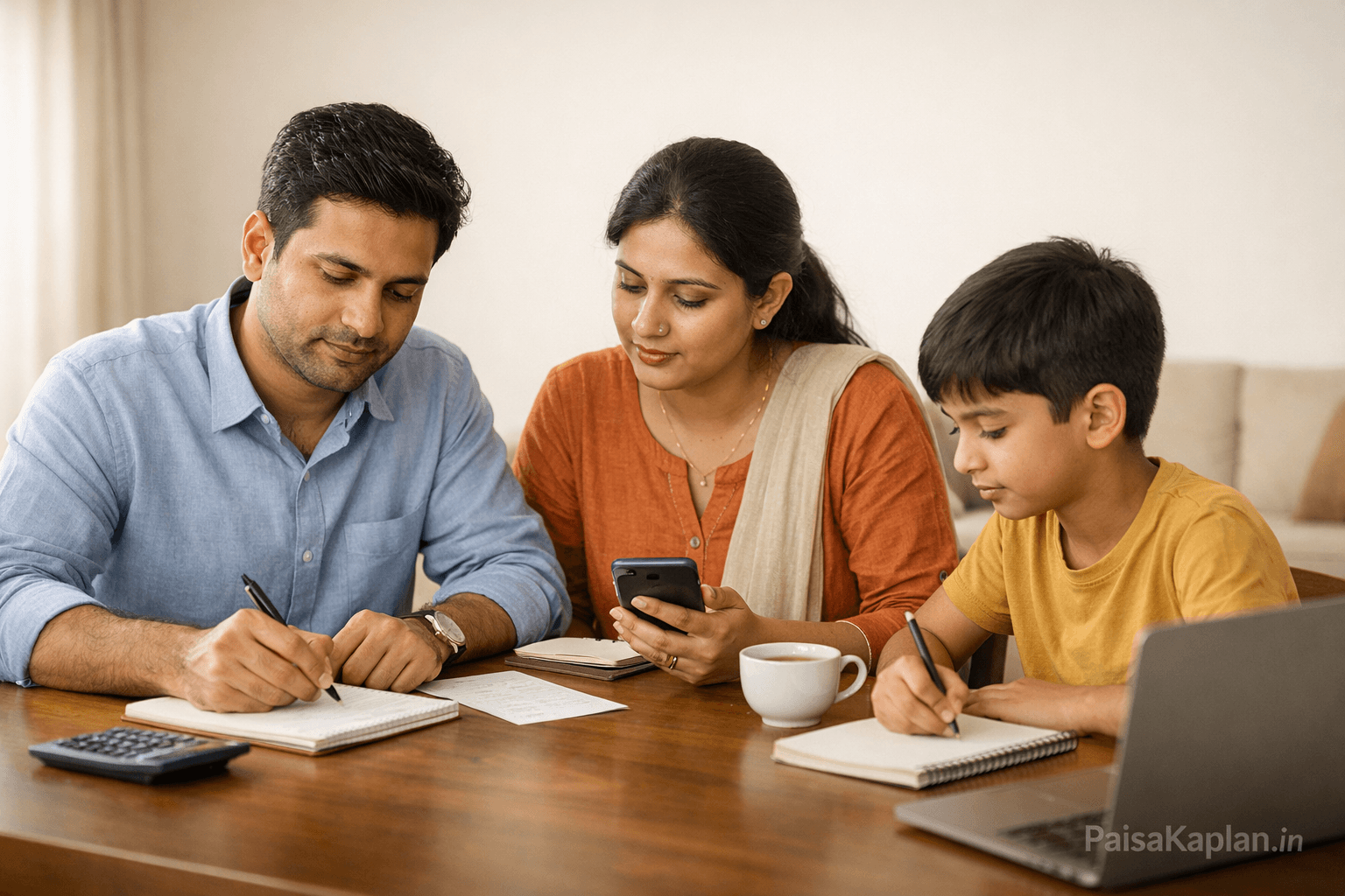 Indian family planning monthly household budget using paper and smartphone at home