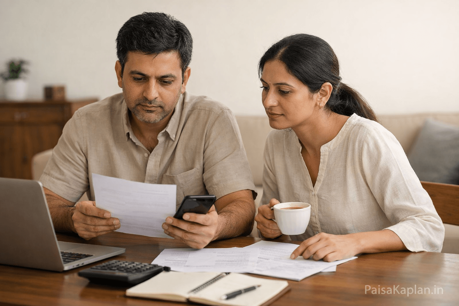 Indian couple sitting at home with papers and phone planning mutual fund investment