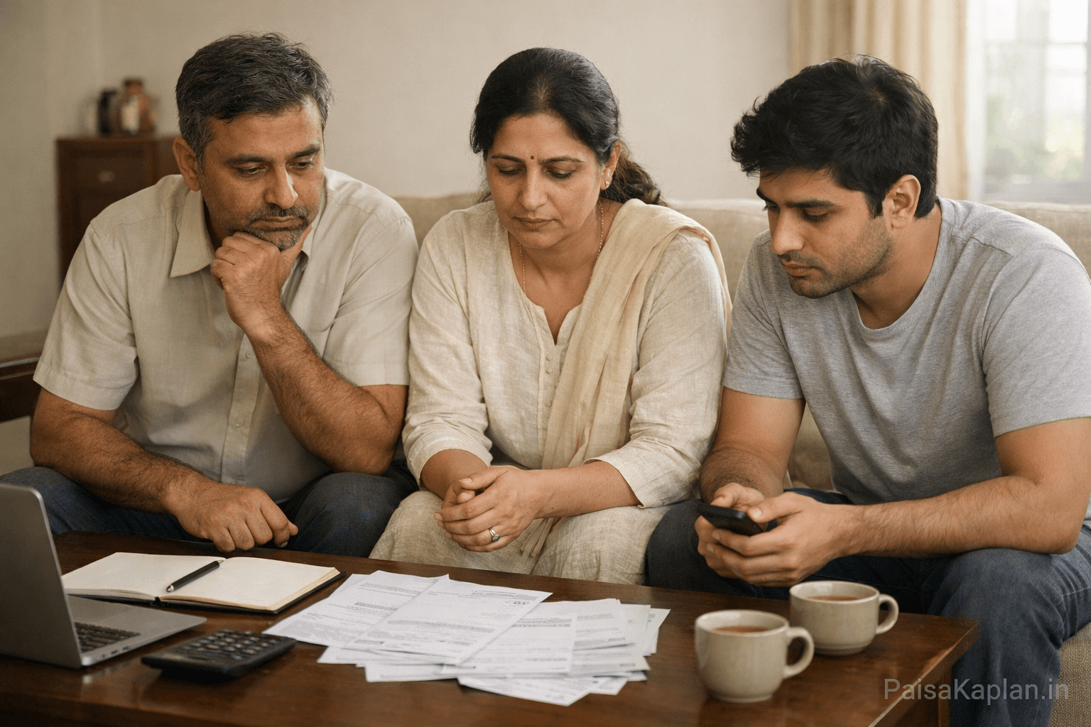 Indian middle class family discussing sudden medical expenses at home
