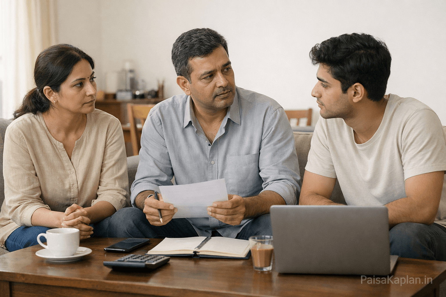 Indian middle class family discussing long term investment plans at home