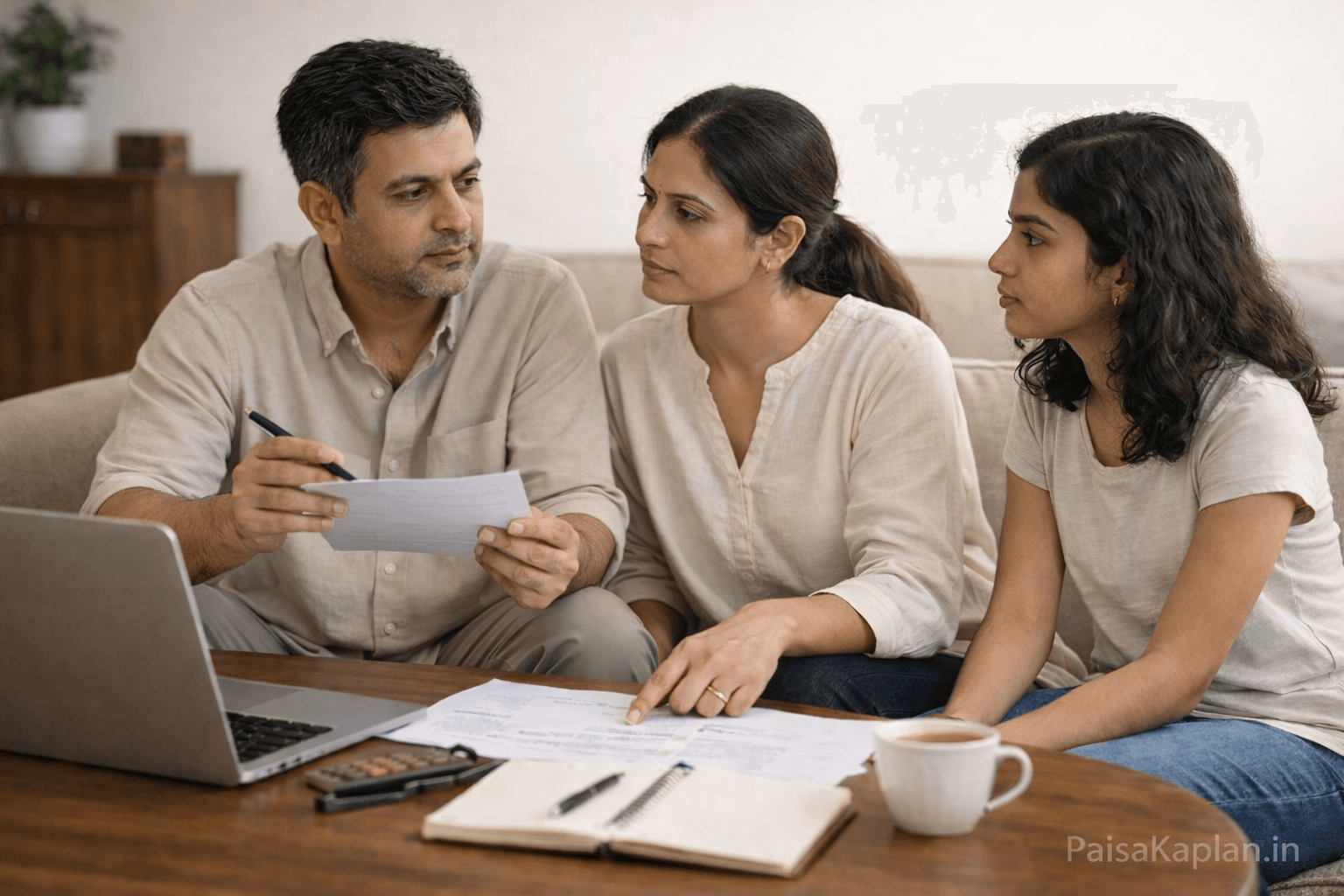 Indian family sitting together discussing long term financial plan