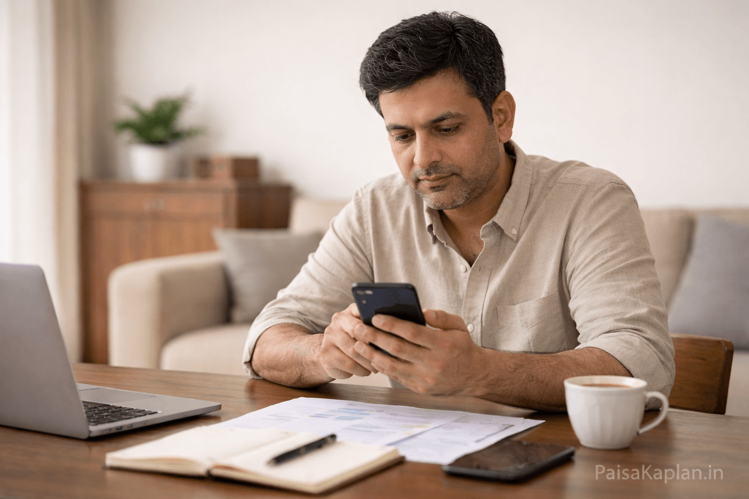 Indian man checking mutual fund investment on mobile at home