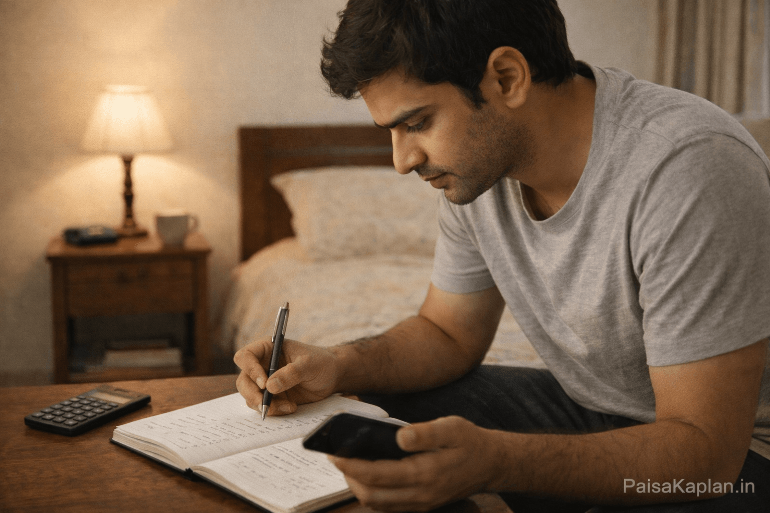 Indian person calculating monthly savings despite expenses