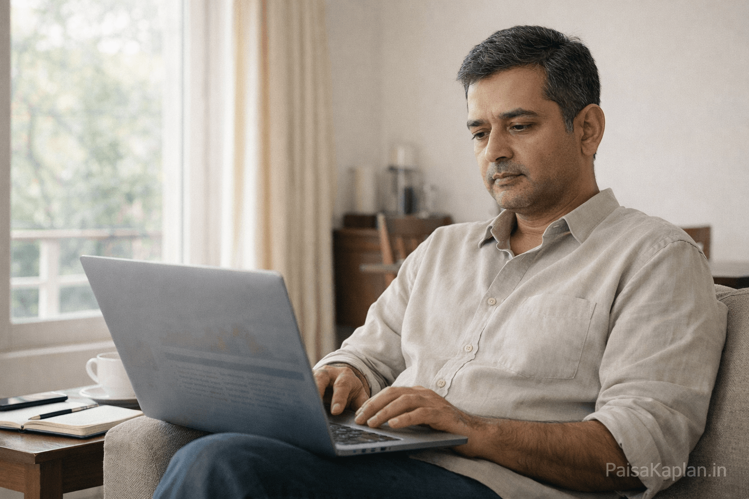 Indian professional checking market updates on laptop in home setting