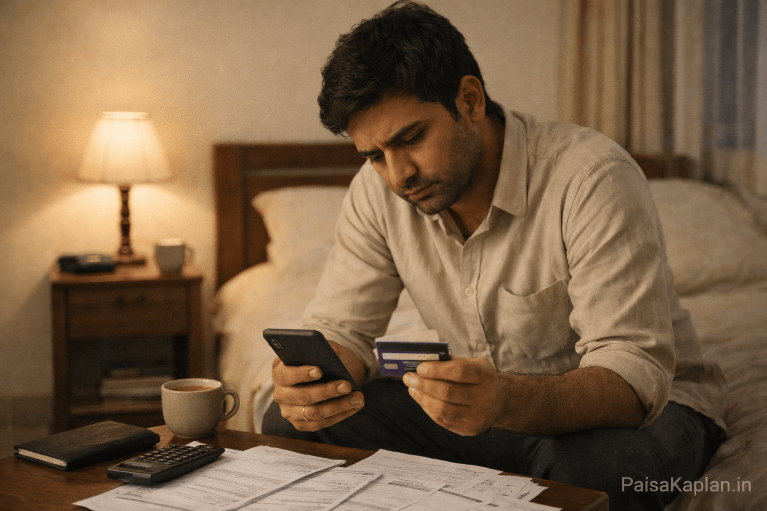 Indian salaried man looking stressed while checking credit card bill at home