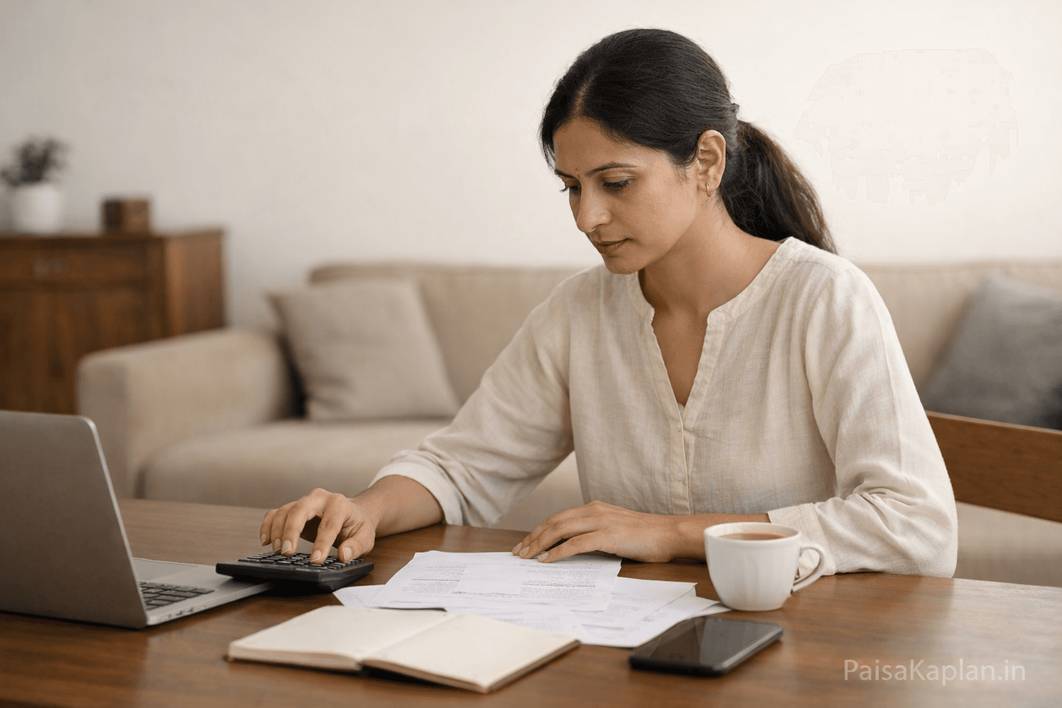 Indian woman calculating monthly expenses and small savings at home