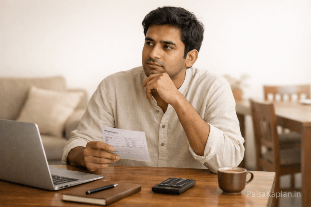 Low income Indian man thinking about saving money despite limited salary
