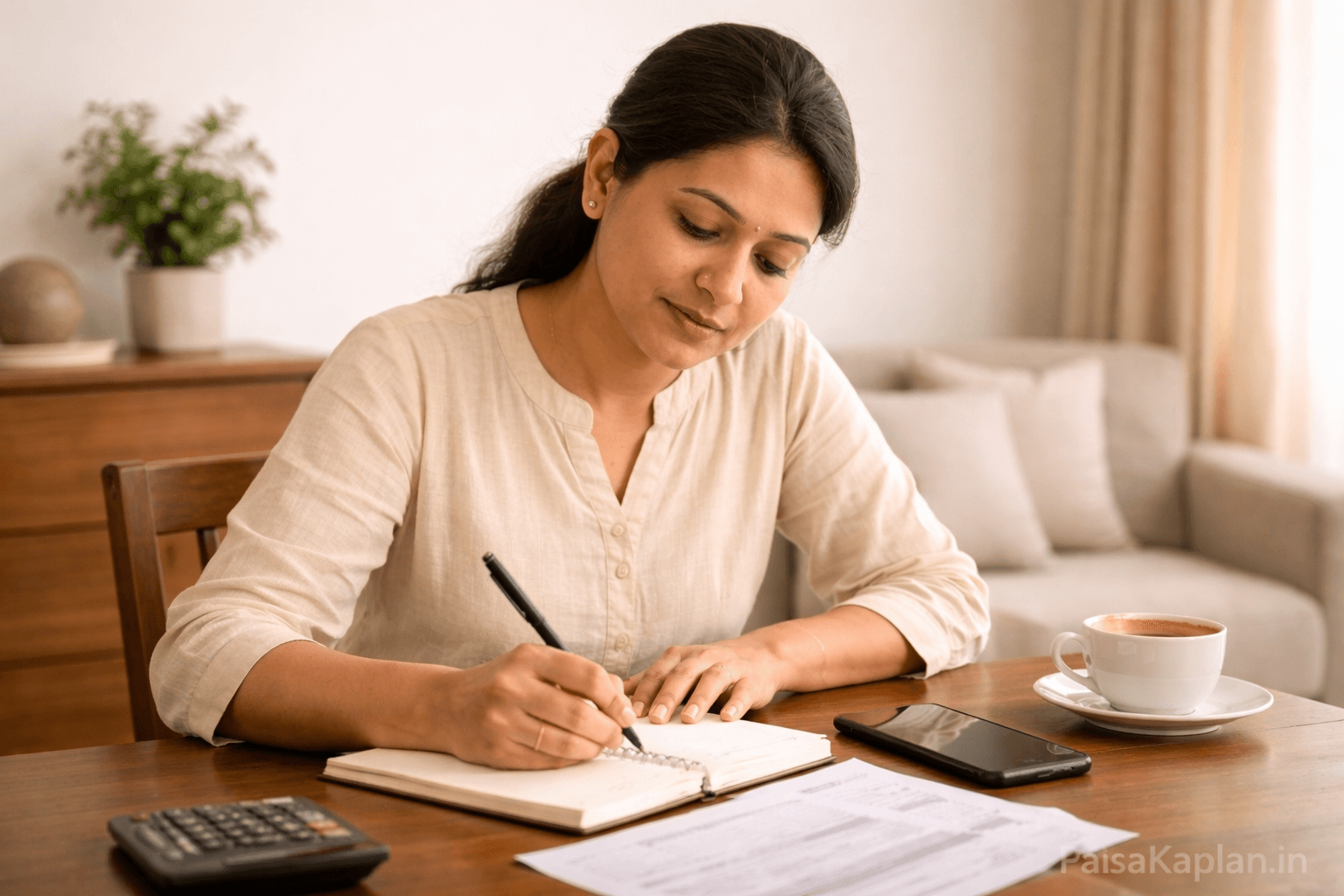 Indian woman writing monthly budget and savings plan in notebook