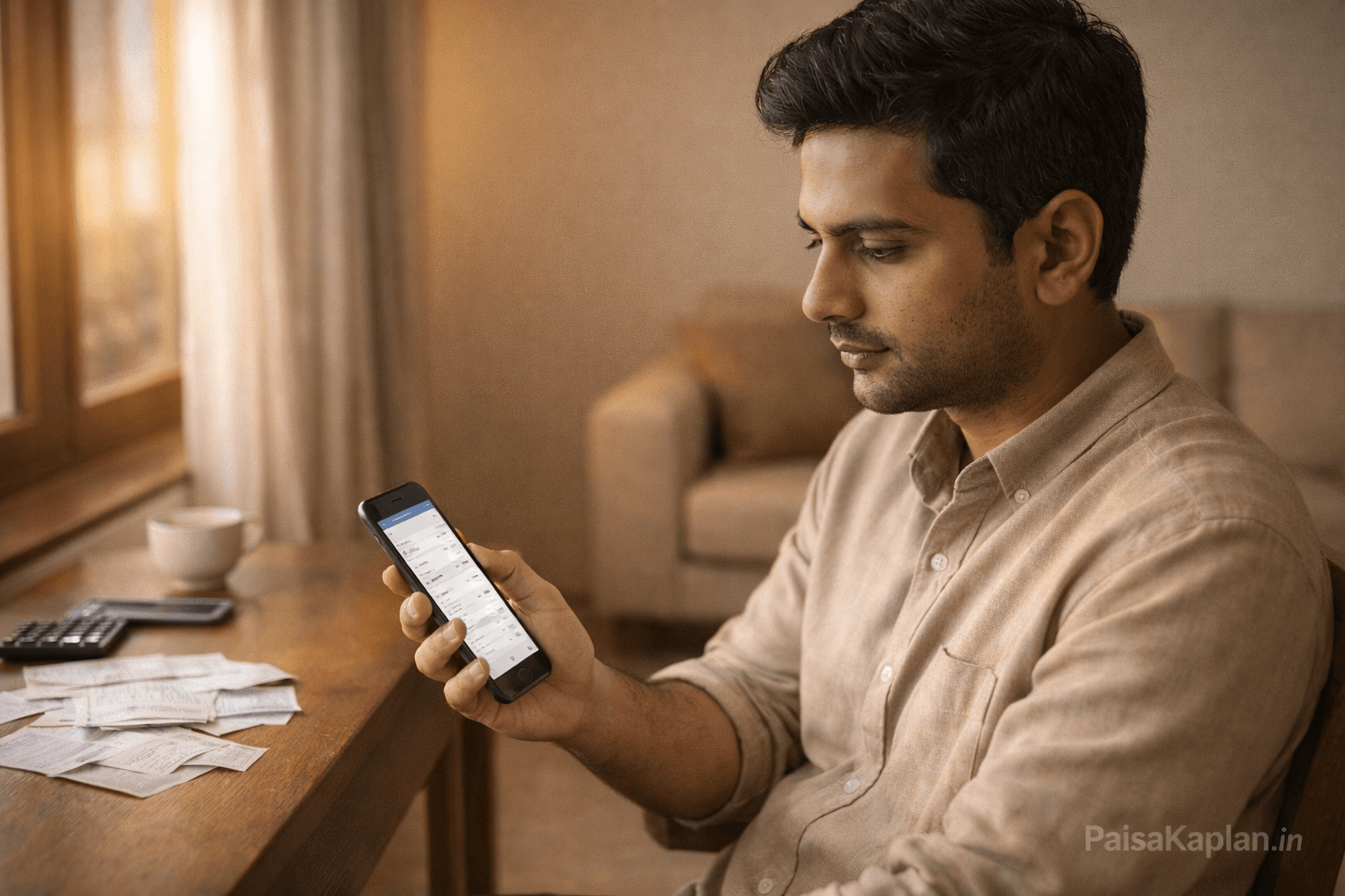 Young Indian man reviewing monthly budget on mobile phone at home