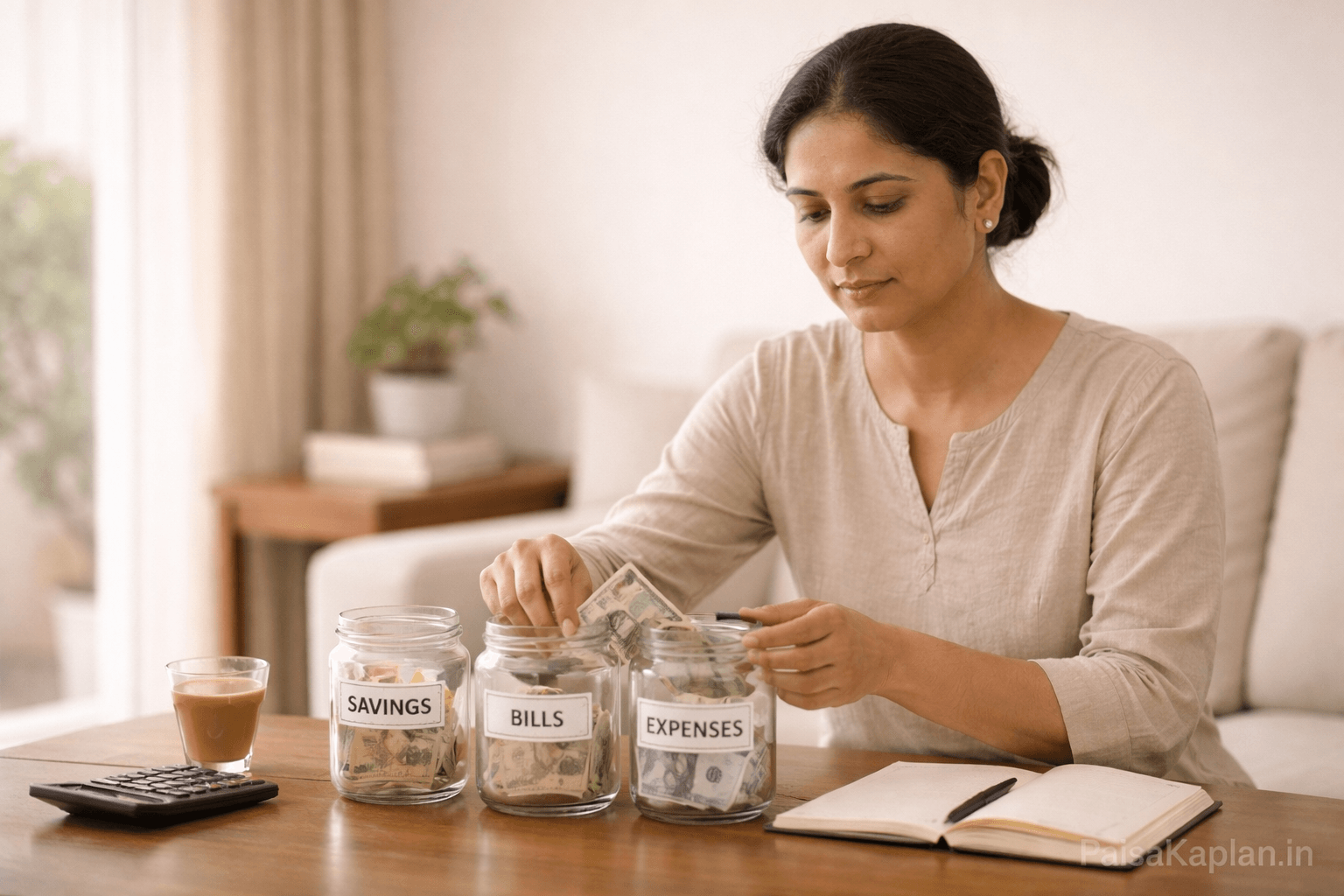 An Indian woman setting aside money for monthly savings