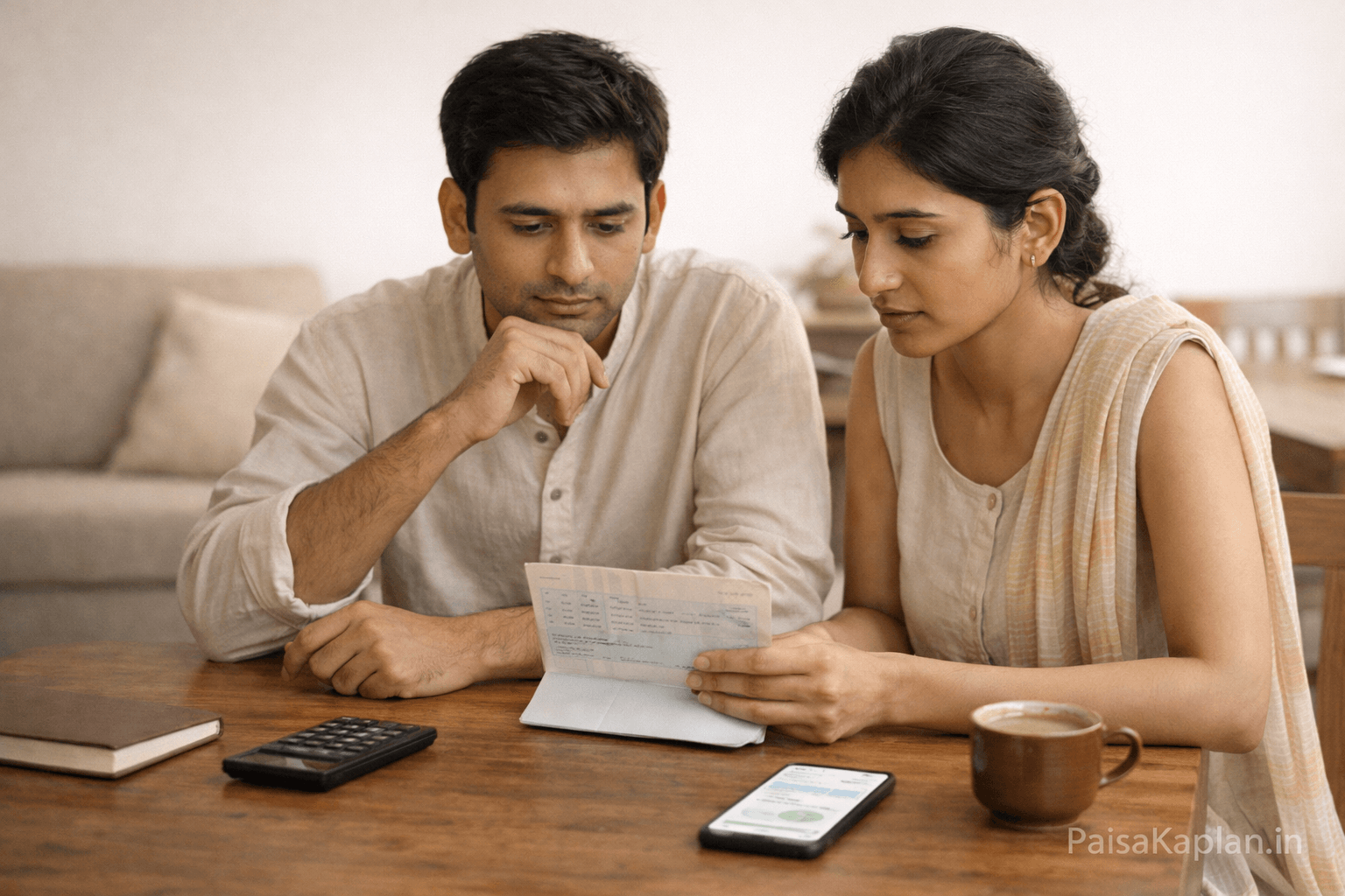 Indian couple discussing RD and SIP investment options at home