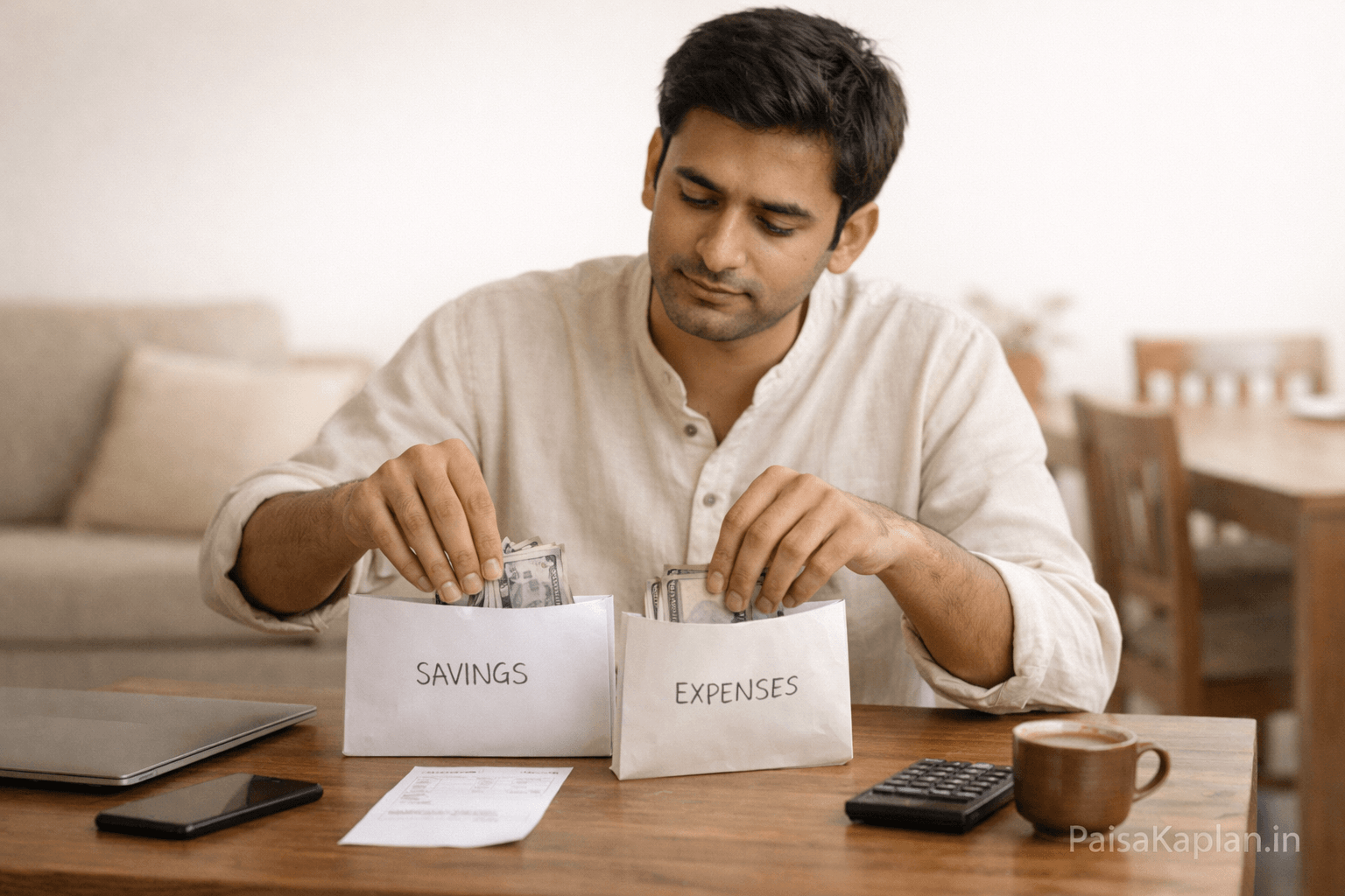 Indian man separating salary into savings and expenses at home