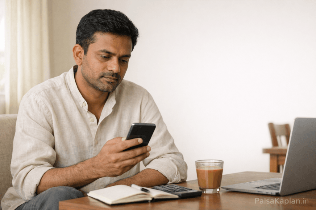 Indian salaried man checking SIP investment on mobile phone