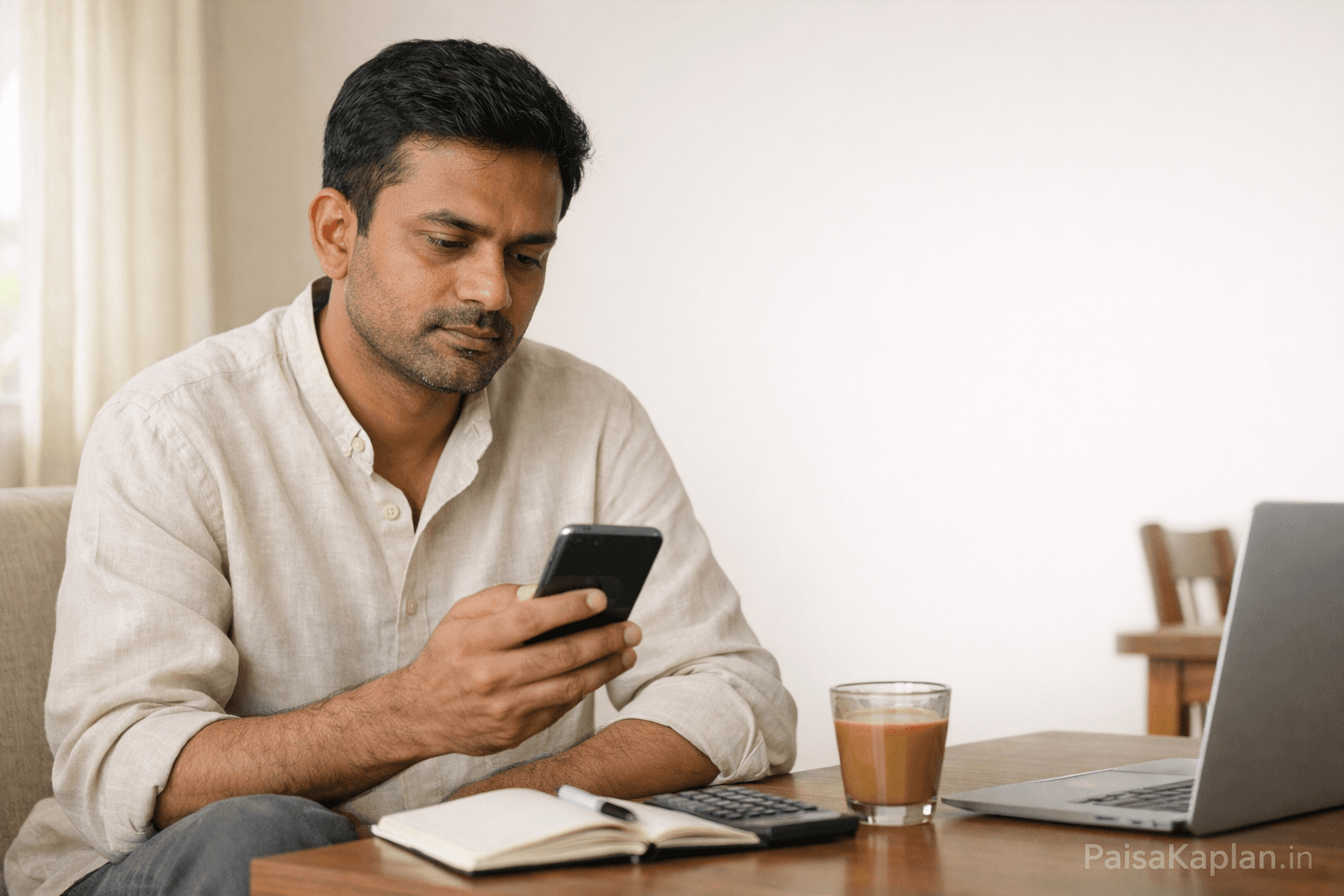 Indian salaried man checking SIP investment on mobile phone