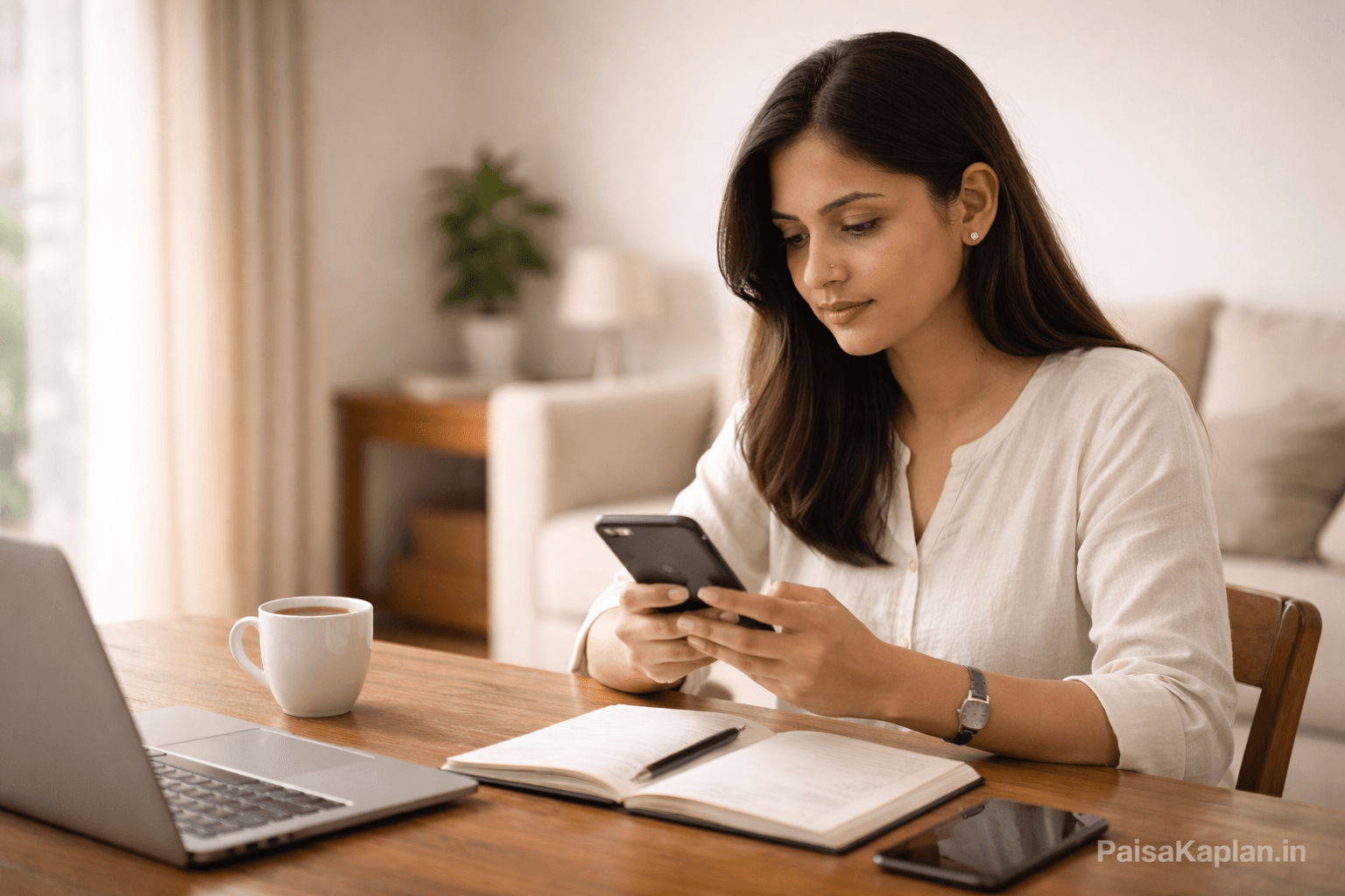Indian professional woman checking SIP mutual fund investment on smartphone