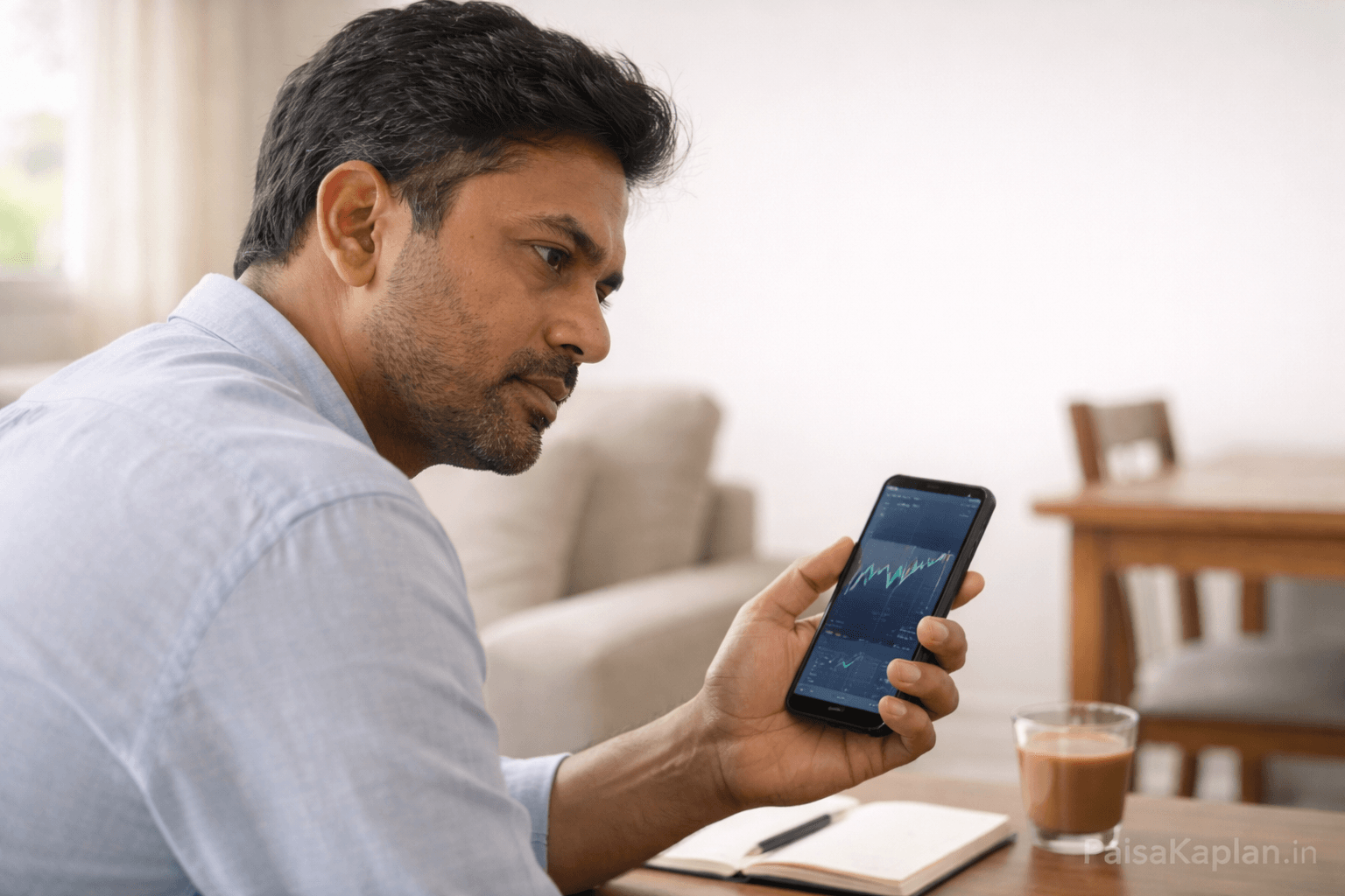 Indian investor reacting calmly to SIP market fluctuations