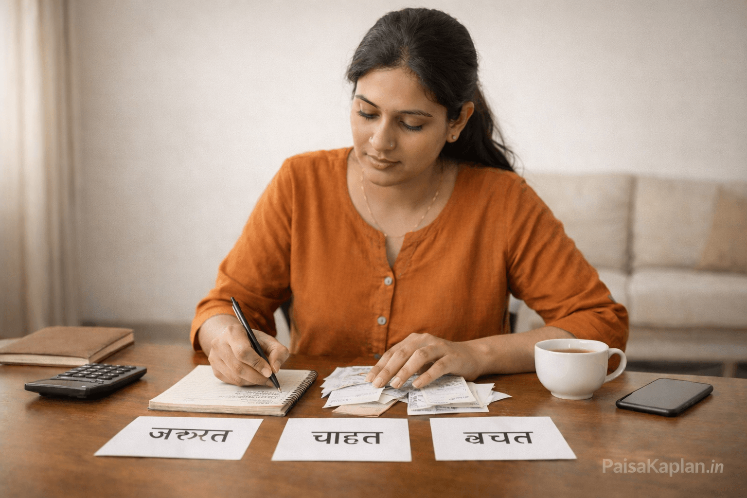 Indian woman dividing monthly expenses into needs, wants and savings