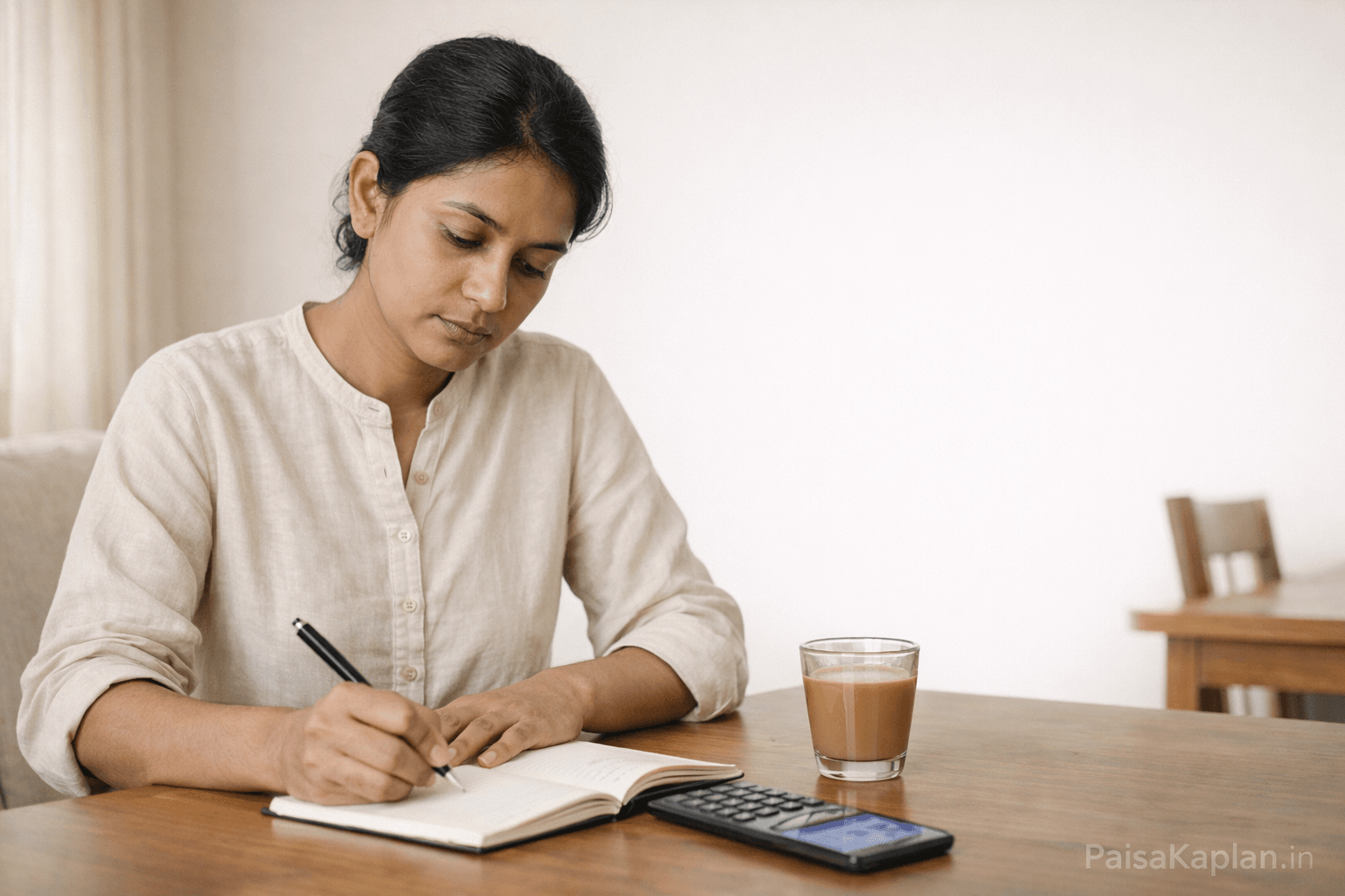 Indian woman planning monthly SIP investment at home