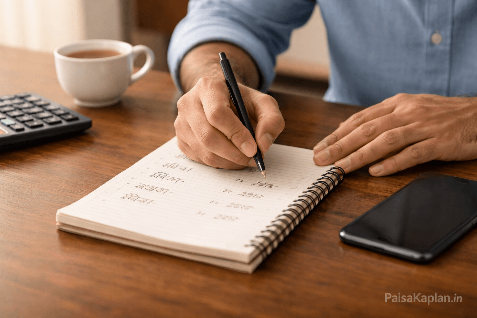 Person writing monthly home budget on paper with expenses and savings notes