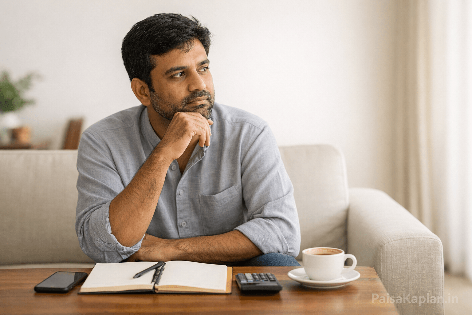 Indian beginner investor sitting at home and thinking about investment decisions