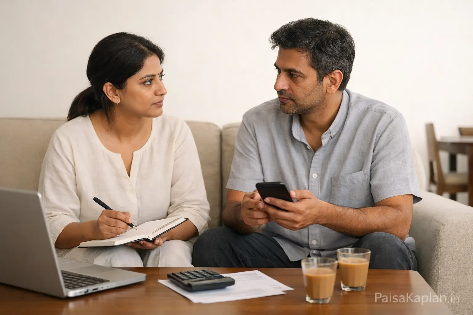 Indian couple discussing investment plans together at home sofa
