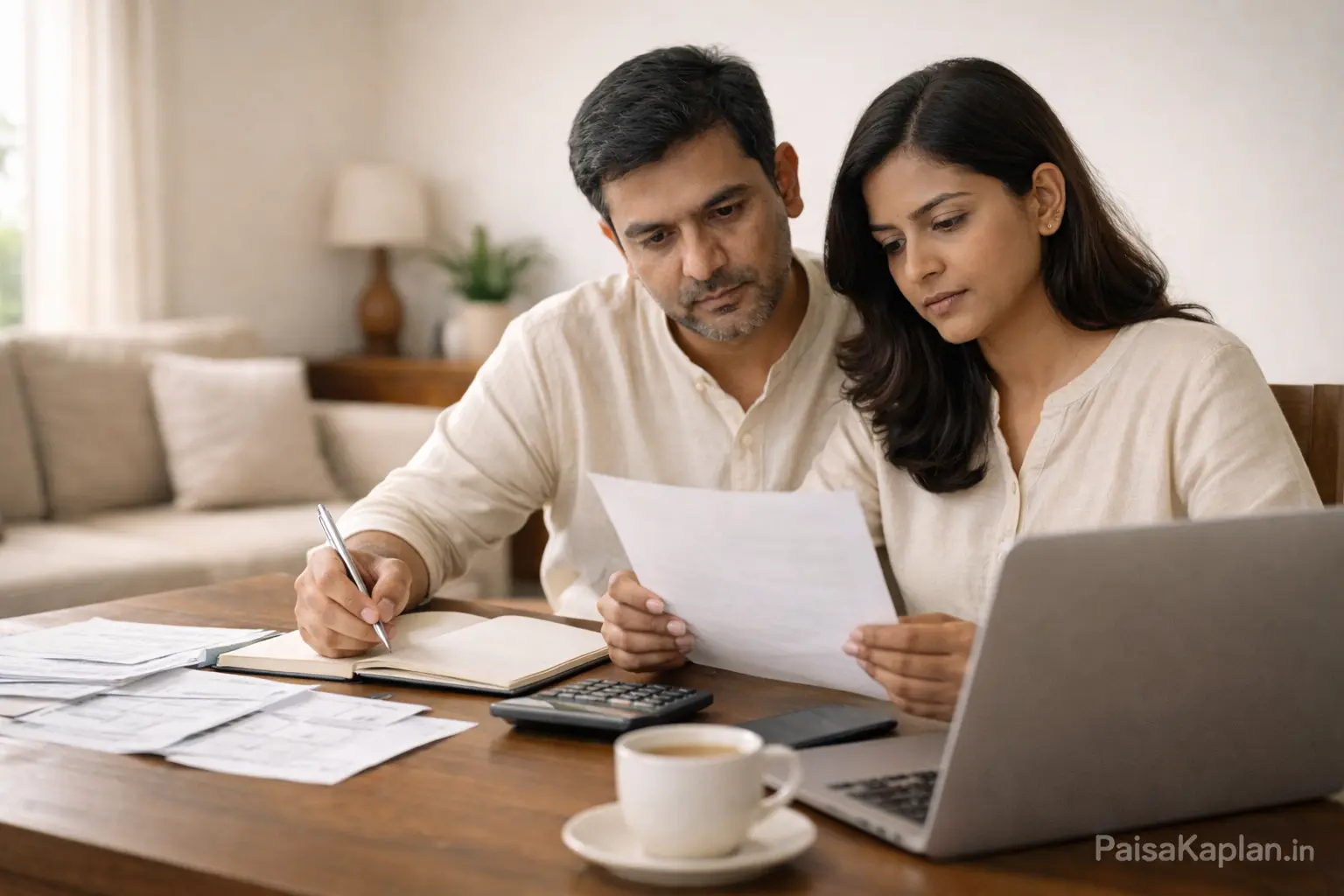 Indian couple discussing financial planning together at home