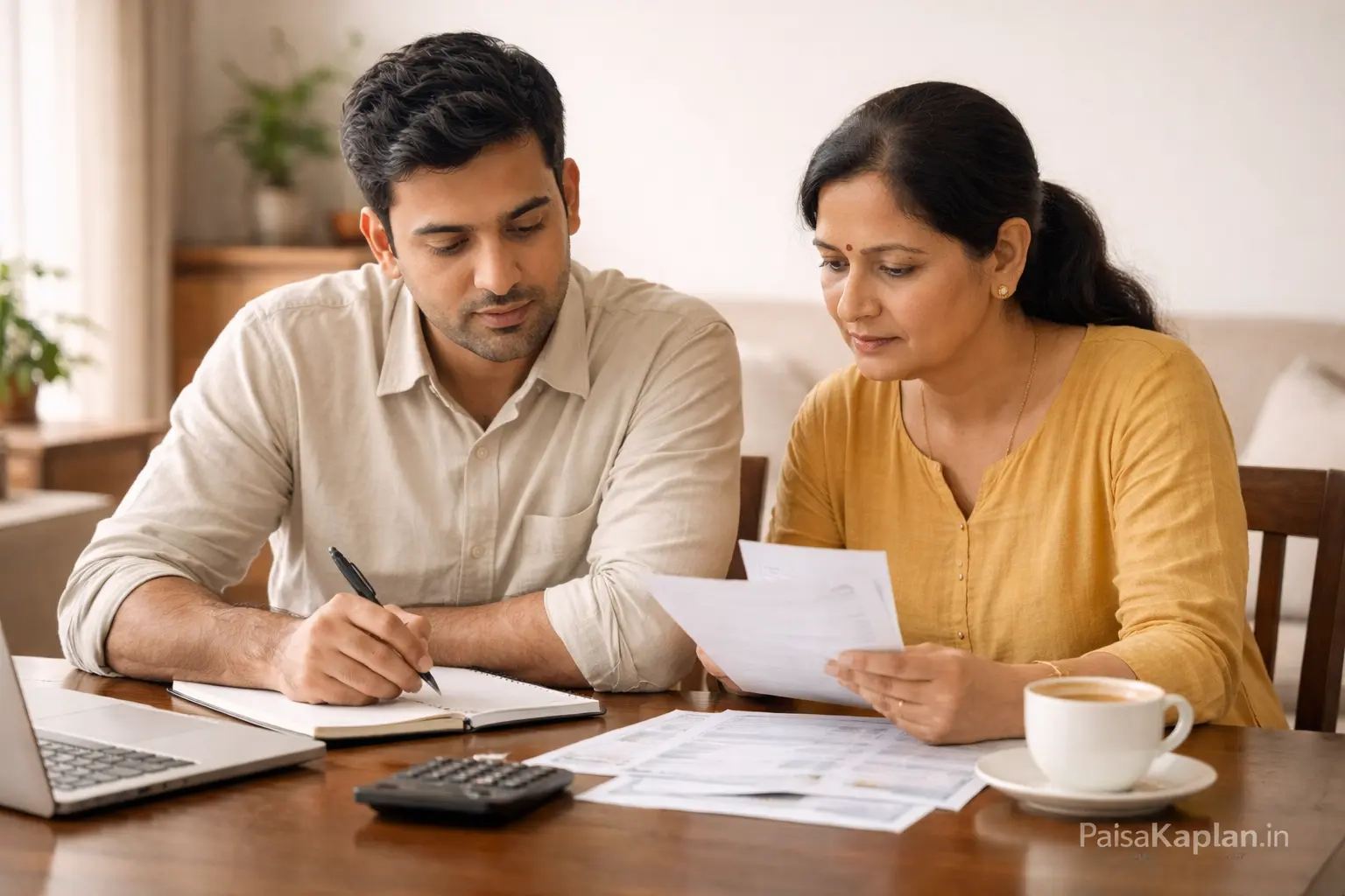 Indian couple planning finances together using notebook and calculator at home