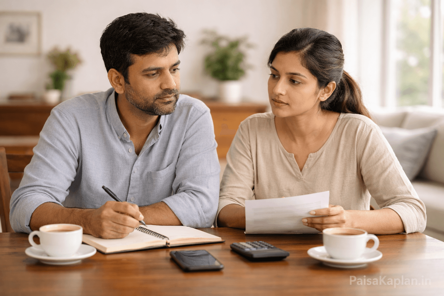 Indian couple discussing SIP planning at home with notebook