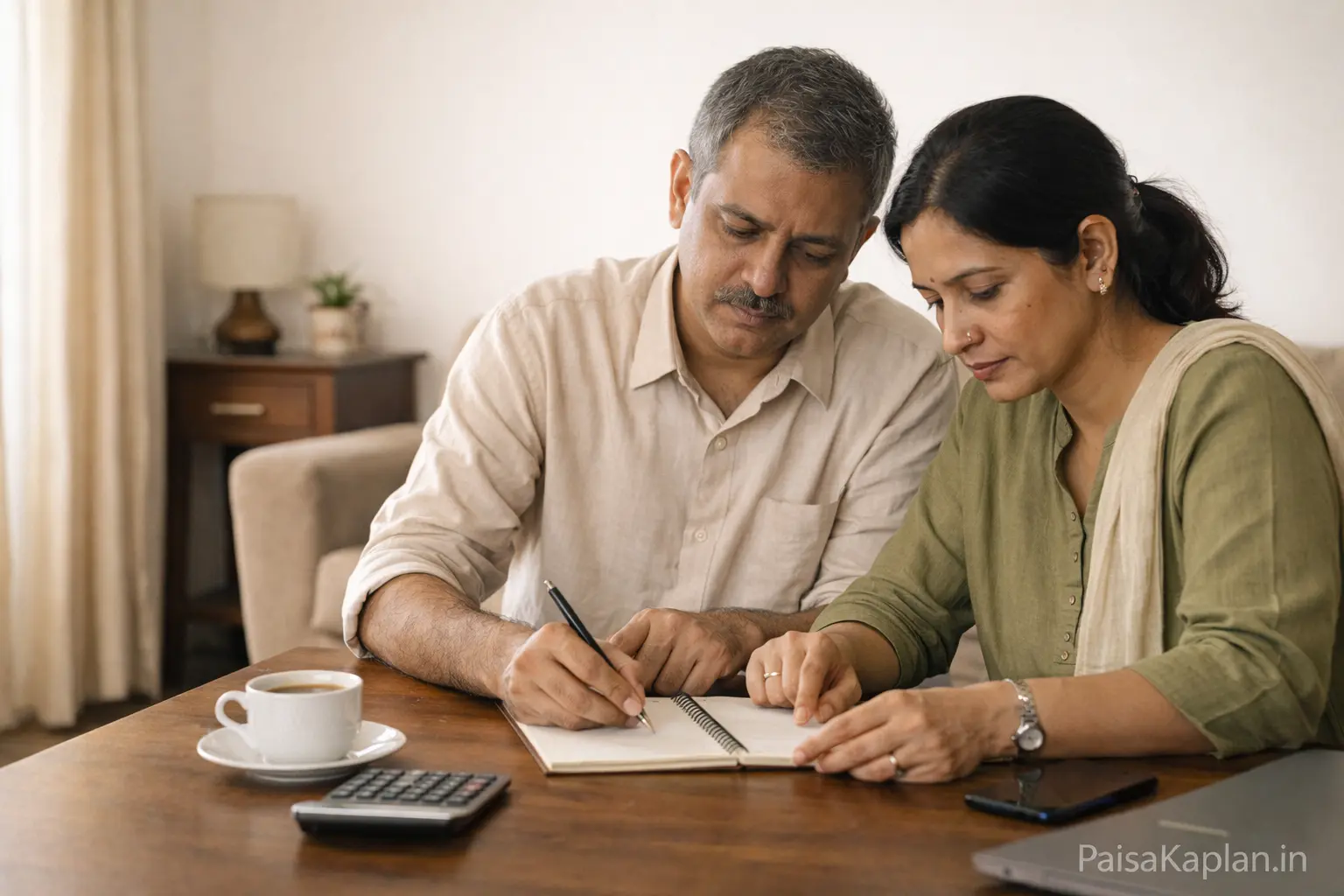 Indian couple writing financial goals in a notebook at home table