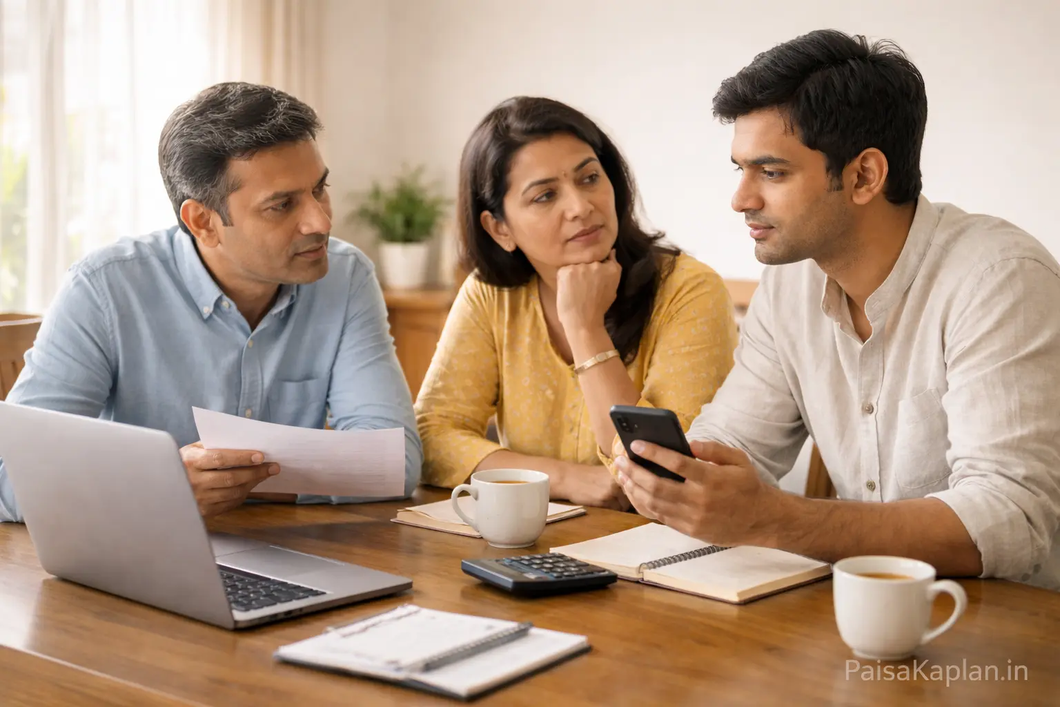 Indian family discussing savings and financial planning together at dining table
