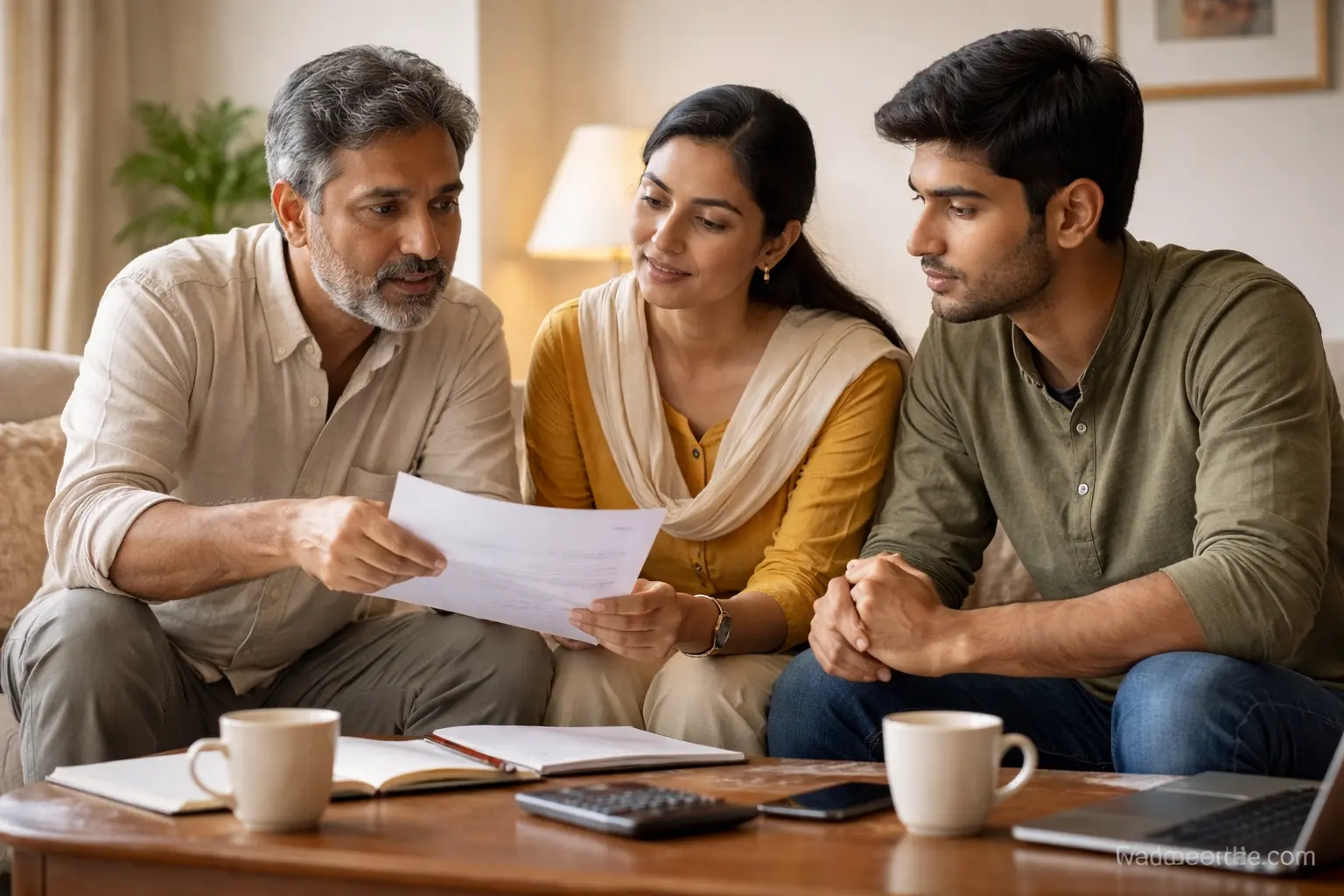 Indian family sitting together at home discussing financial planning documents