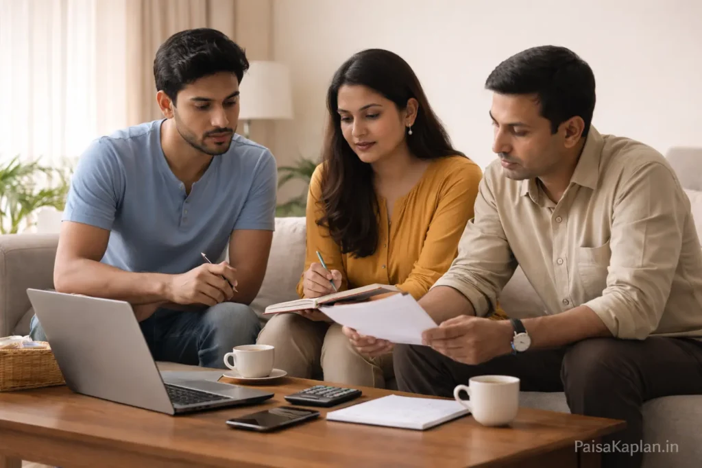 Indian family sitting together at home discussing savings and investment plans with laptop and notebook