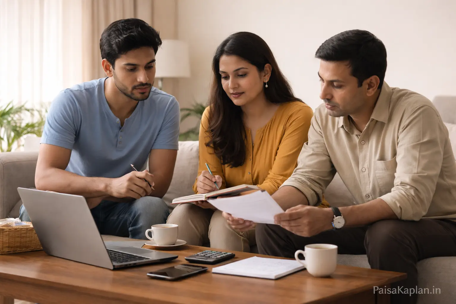 Indian family discussing investment risk and savings planning at home