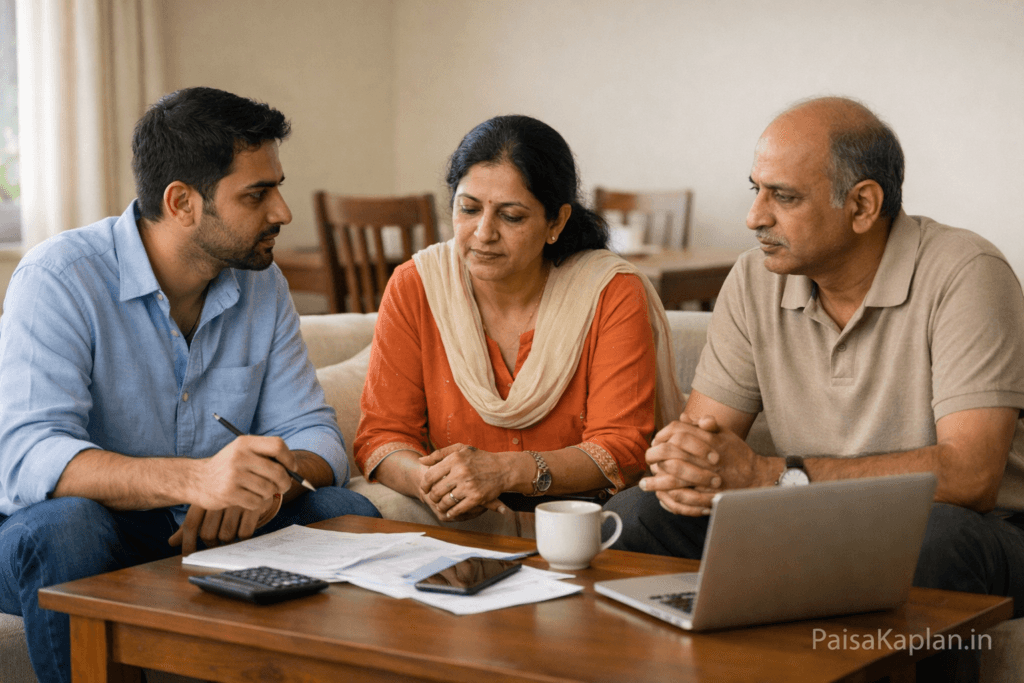 Indian middle class family sitting together at home and discussing savings calmly