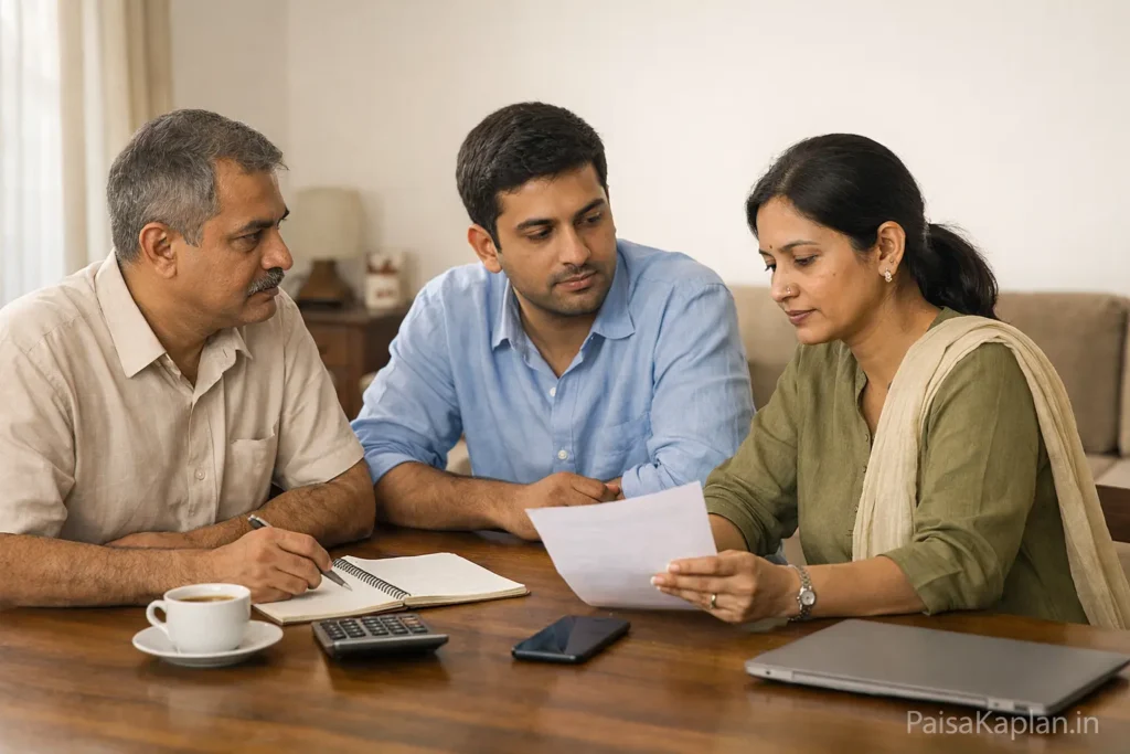 Indian middle class family discussing financial planning at dining table in a home setting