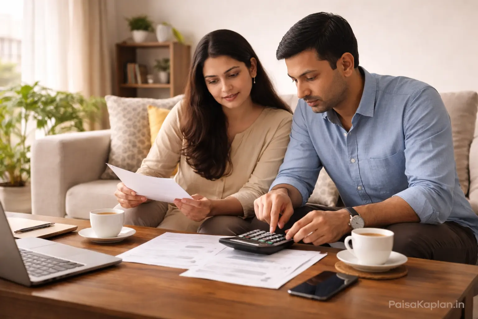 Indian couple discussing savings and financial planning together at home